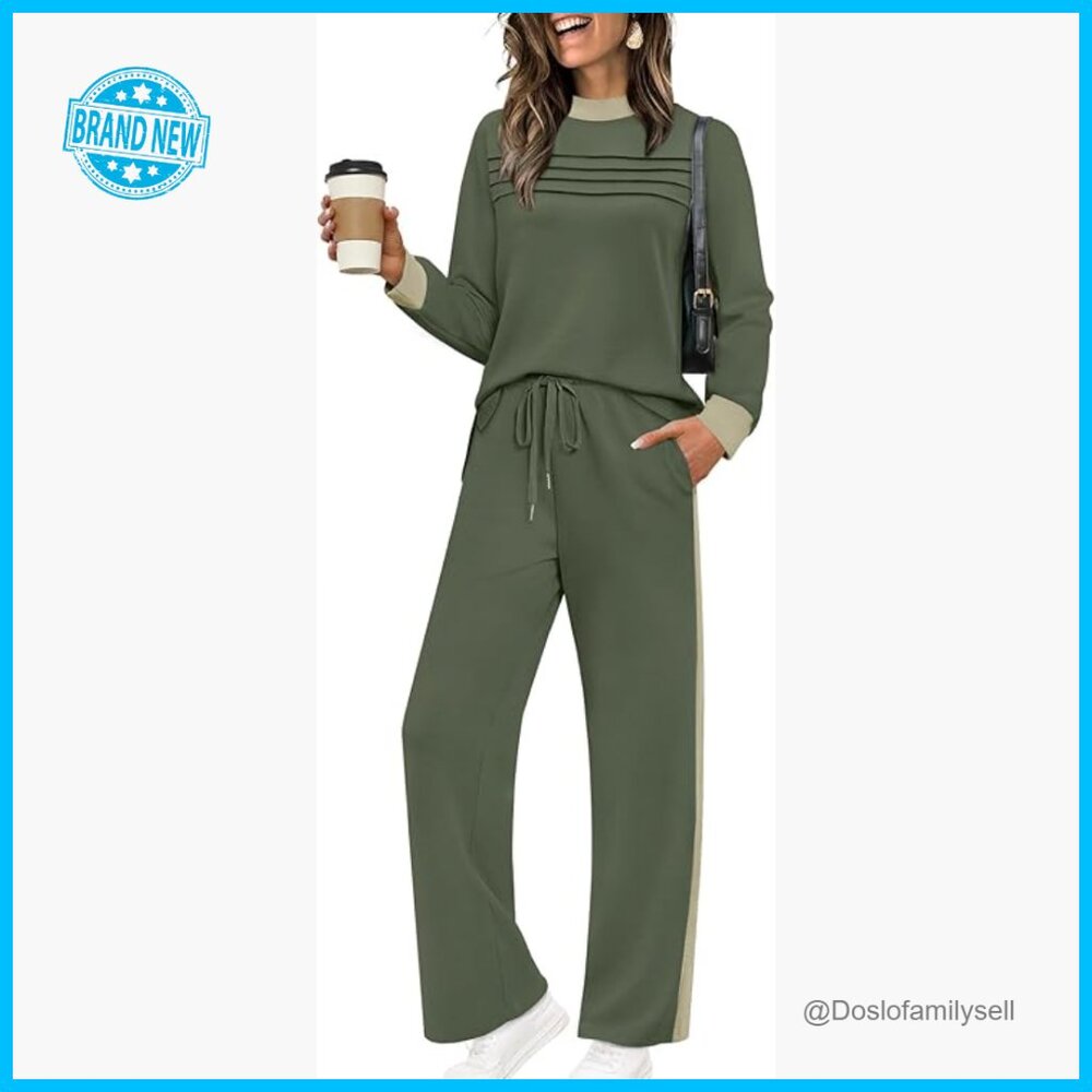 Two Piece Lounge Set Long Sleeve Wide Leg Pants Relaxed Fit Travel Outfit